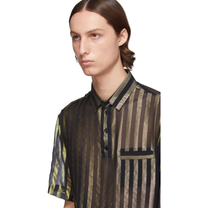 Saint Laurent Black and Gold Silk Lame Stripes Polo Shirt Saint Laurent