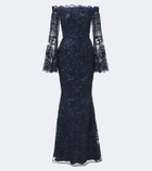 Elie Saab Sequined off-shoulder lace bustier gown