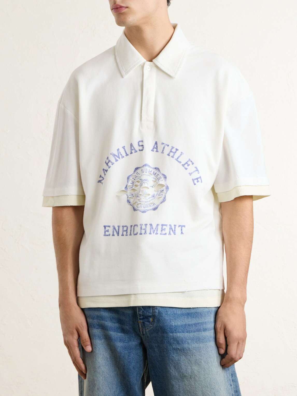NAHMIAS - Destroyed Logo-Print Pointelle-Knit Cotton Polo Shirt - White
