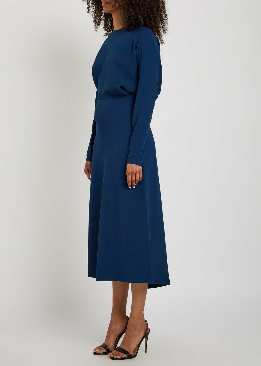 Victoria Beckham Pleated Woven Midi Dress Dark Blue
