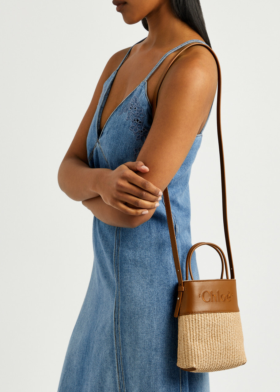 Chloe Sense Micro Raffia and Leather Tote - Caramel - One Chloe Sense Micro Raffia and Leather Tote - Caramel - One