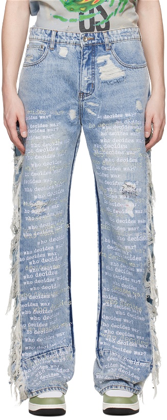 Photo: Who Decides War Blue Ultra Flare Scripture Jeans