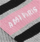 AMI - Logo-Intarsia Striped Stretch Cotton-Blend Socks - Gray
