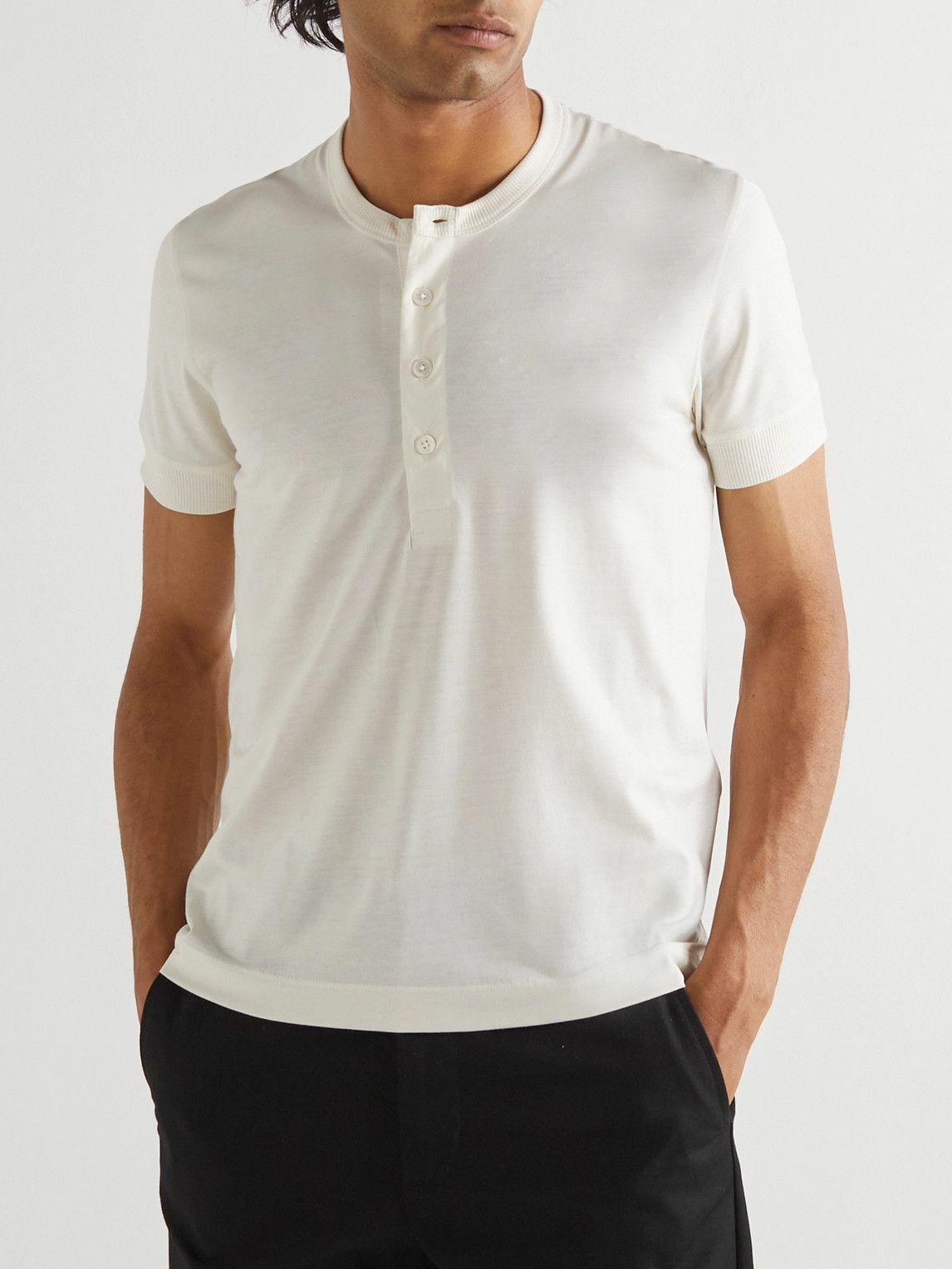TOM FORD - Silk and Cotton-Blend Jersey Henley T-Shirt