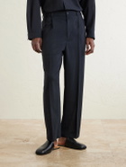 ATON - Straight-Leg Pleated Wool-Gauze Trousers - Blue