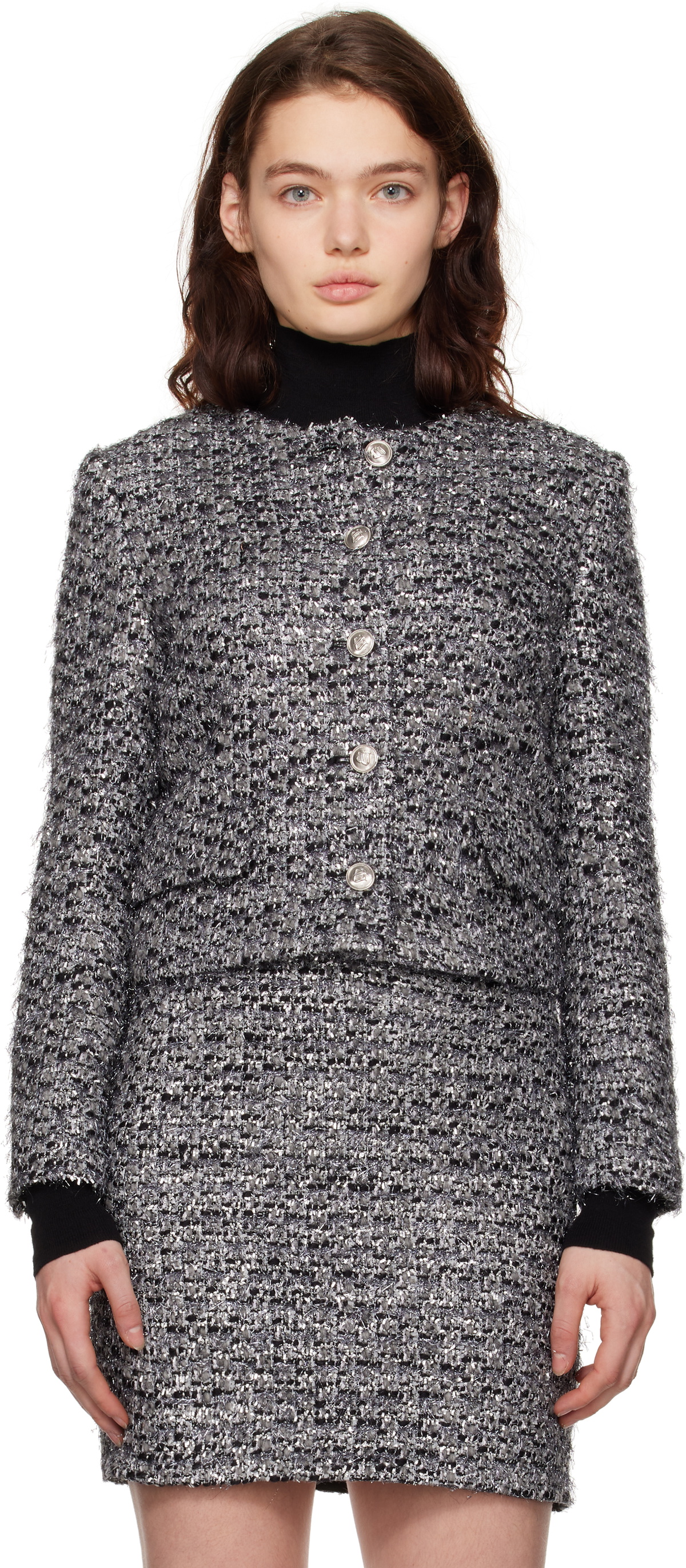 Juun.J Gray Round Neck Crop Tweed Jacket