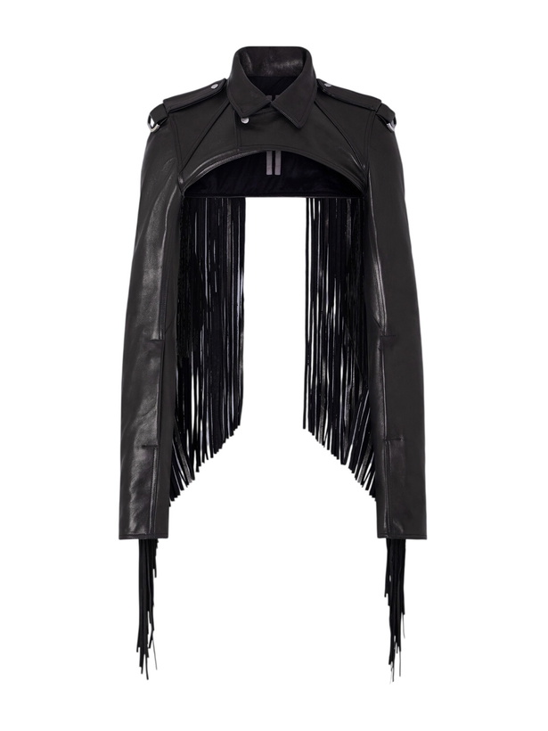 Photo: Rick Owens - Microbiker Cropped Fringed Leather Jacket - Black