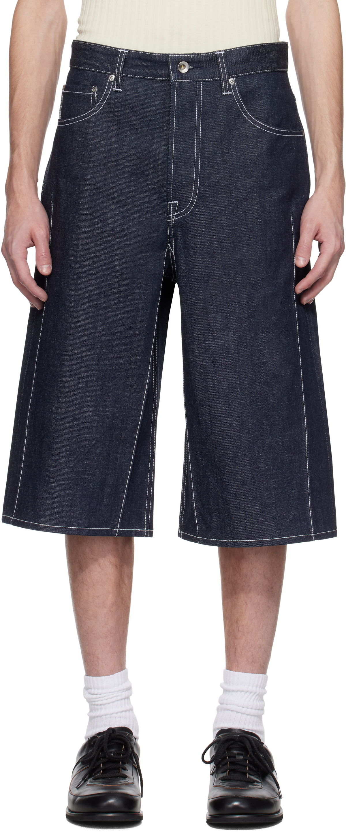 Karmuel Young Navy Cuboid Raw Denim Shorts