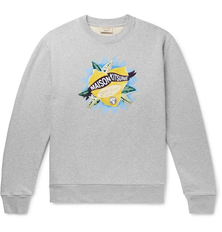 Photo: Maison Kitsuné - Embroidered Printed Loopback Cotton-Jersey Sweatshirt - Gray