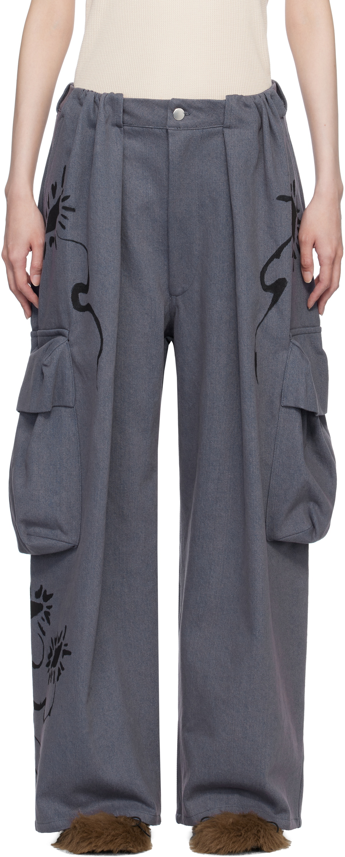 Collina Strada Blue Pleated Denim Cargo Pants