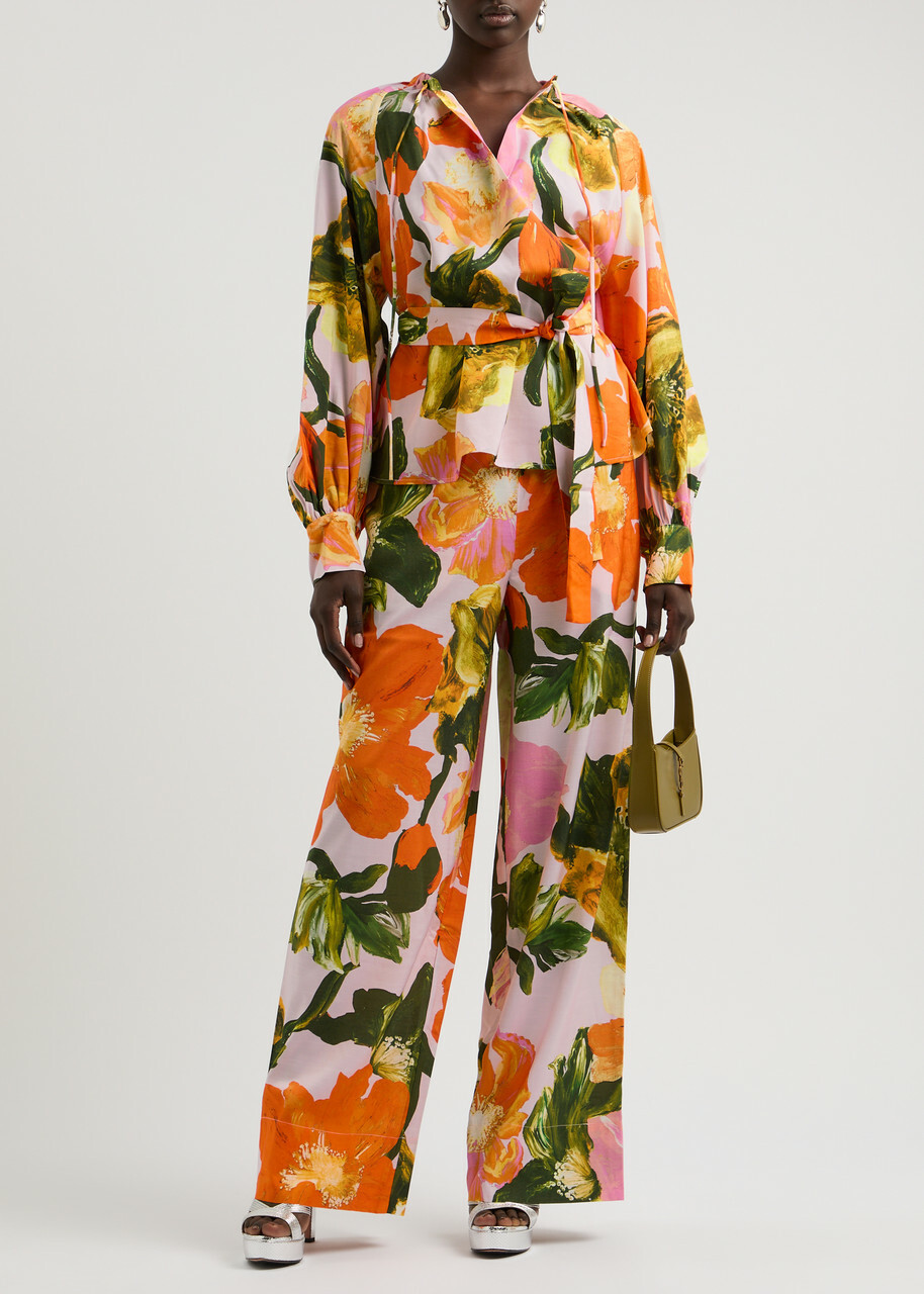Stine Goya Vianna Floral-print Belted Blouse Orange