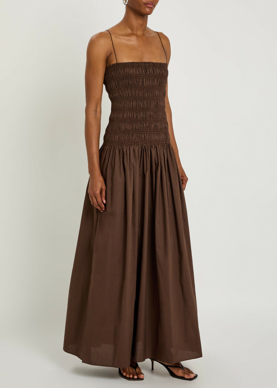 Matteau Shirred Cotton-poplin Maxi Dress Chocolate