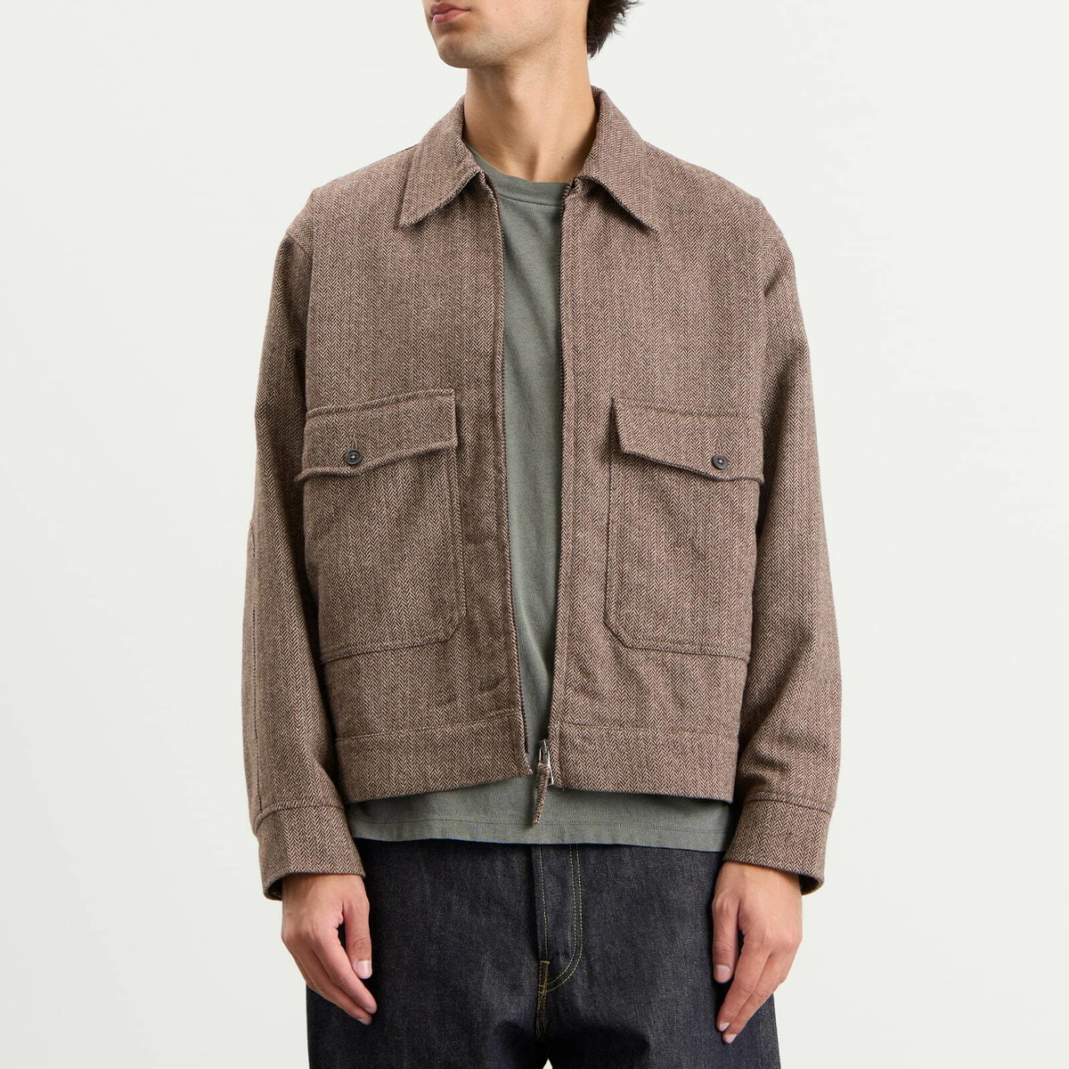 Universal Works Men's Wool Herringbone S130 Jacket in Brown