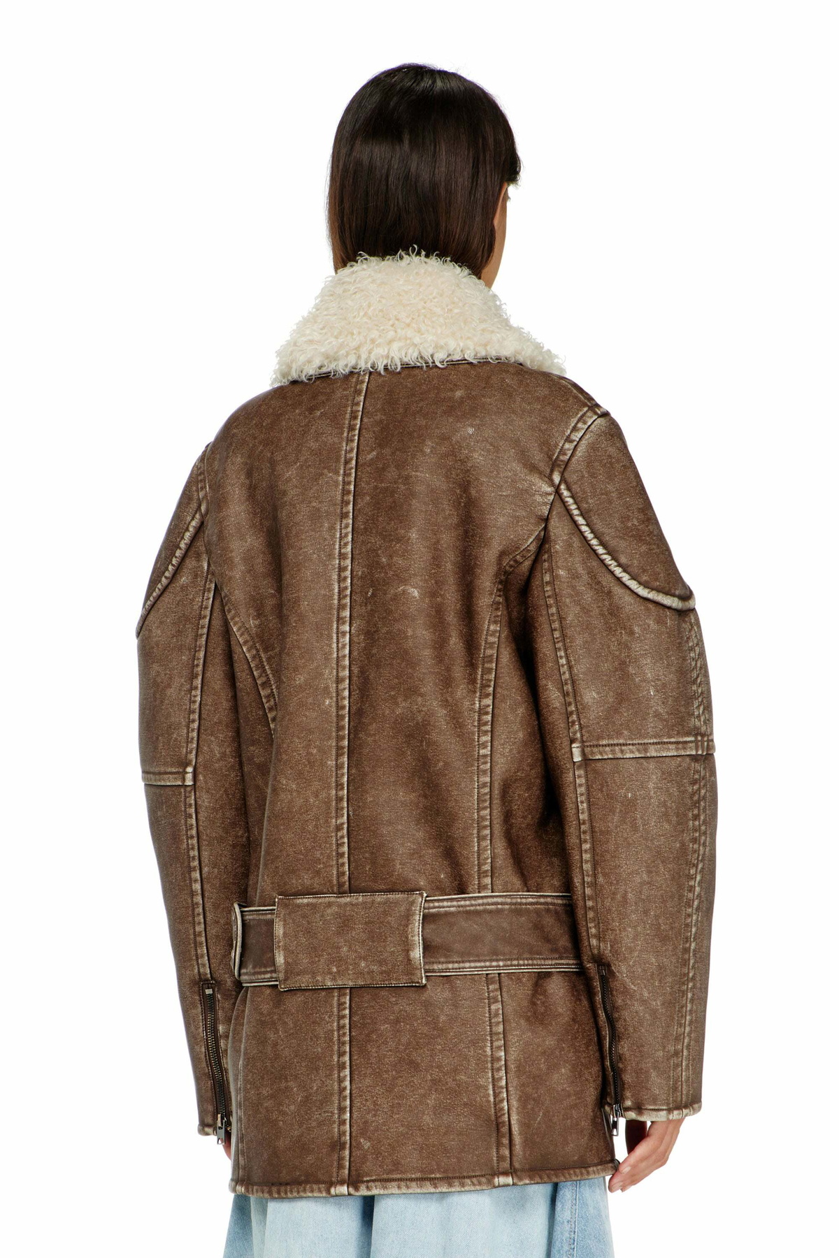 Diesel Double-breasted aviator-biker coat - Jackets Womens in Brown
