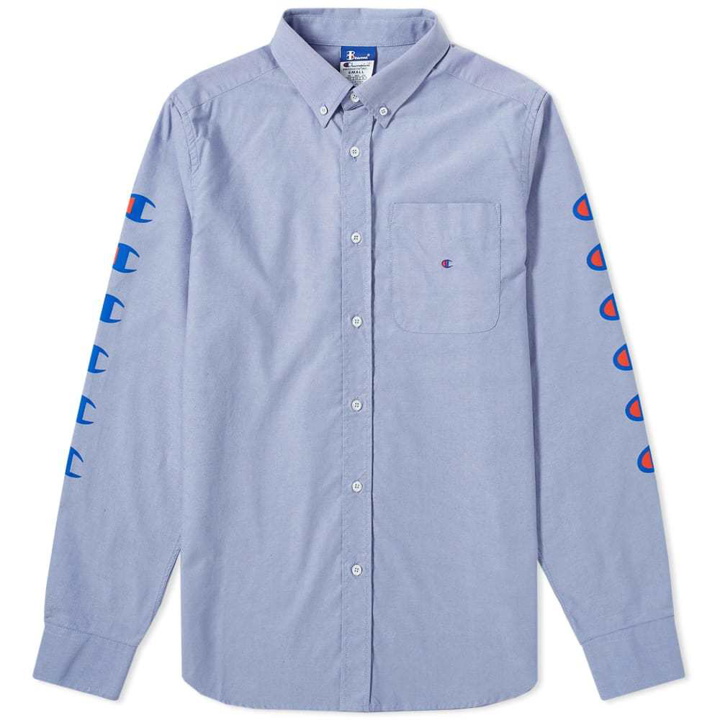 Photo: Champion x Beams Logo Sleeve Button Down Oxford Shirt Blue