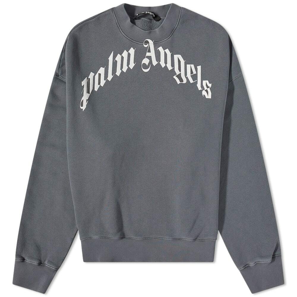 Photo: Palm Angels Men's Curved Logo Crew Sweat in Grey/White