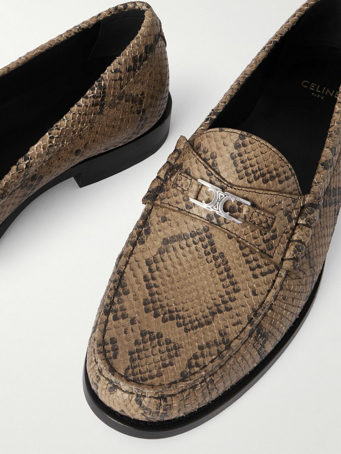 CELINE - Logo-Embellished Snake-Effect Leather Penny Loafers - Brown