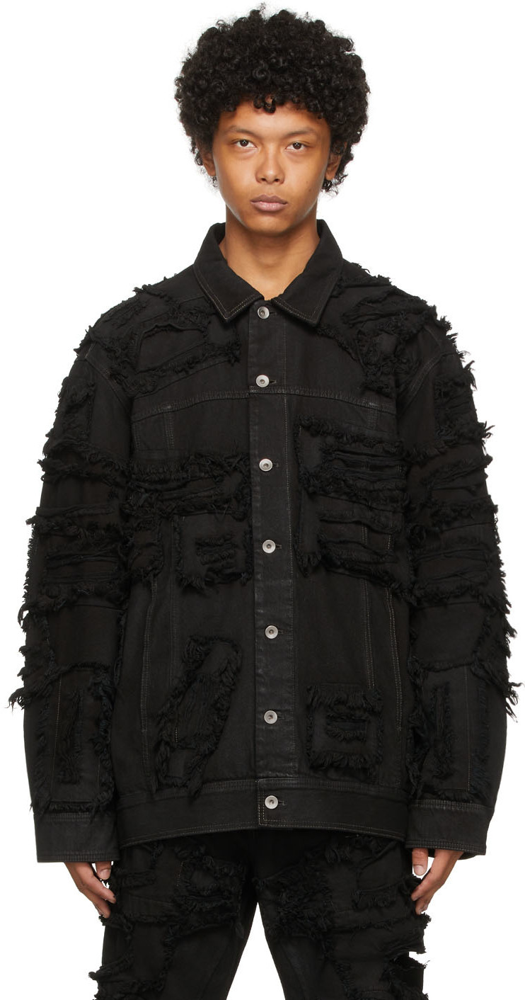 Rick Owens Drkshdw Black Denim Jumbo Destroyed Worker Jacket Rick