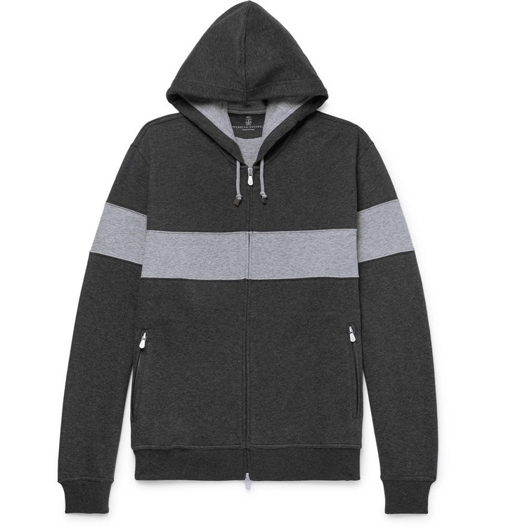 Photo: Brunello Cucinelli - Striped Cotton-Blend Jersey Zip-Up Hoodie - Anthracite