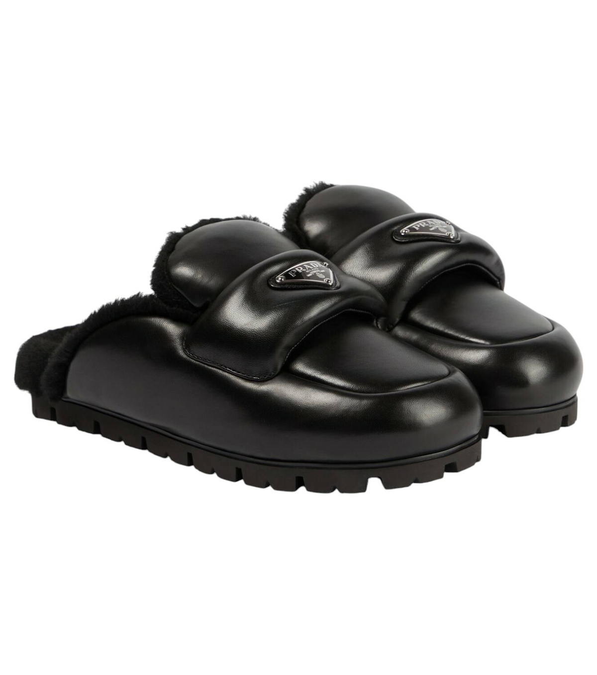 Prada Sherling Slides Prada Logo-embroidered Faux Shearling Slides - Runway Catalog main image 2