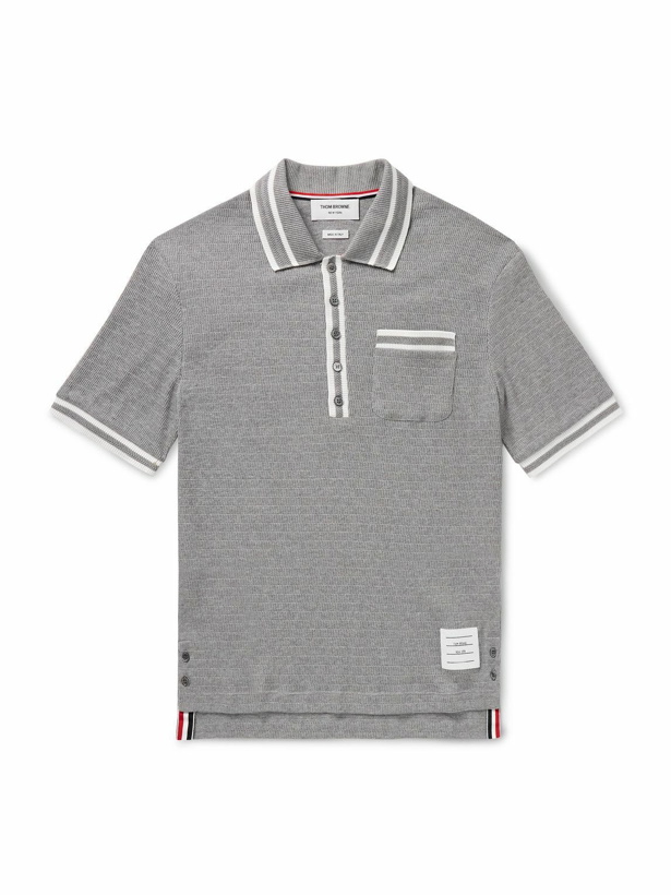 Photo: Thom Browne - Slim-Fit Striped Pointelle-Knit Cotton Polo Shirt - Gray