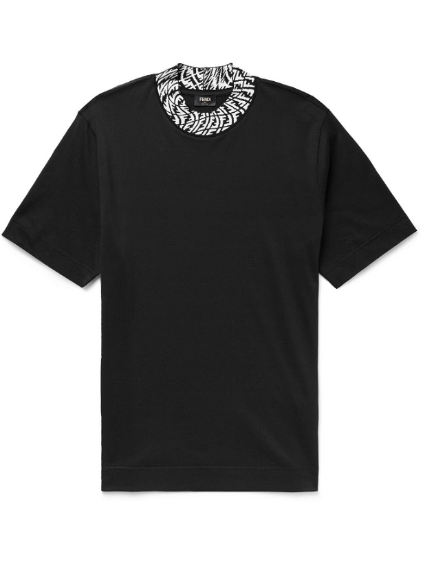 Photo: FENDI - Logo-Jacquard Trimmed Cotton-Jersey T-Shirt - Black