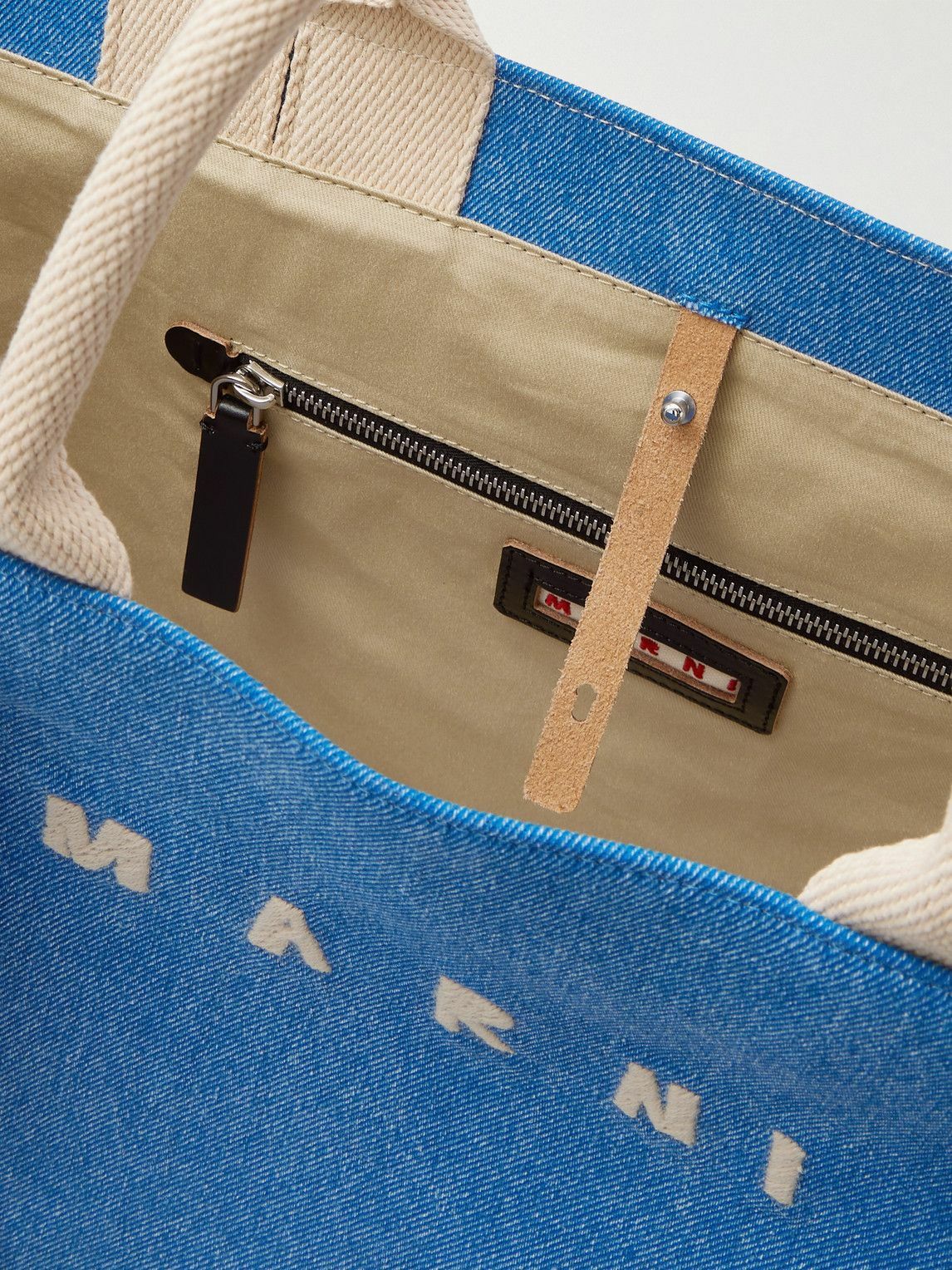 Marni - Logo-Embroidered Webbing-Trimmed Stonewashed Denim Tote Bag
