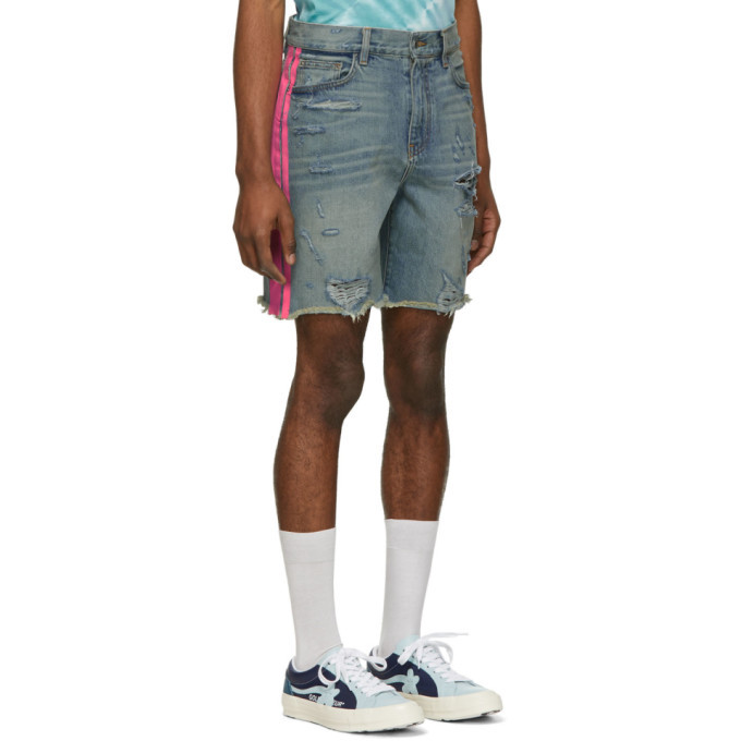 Amiri Indigo and Pink Denim Thrasher Track Shorts Amiri