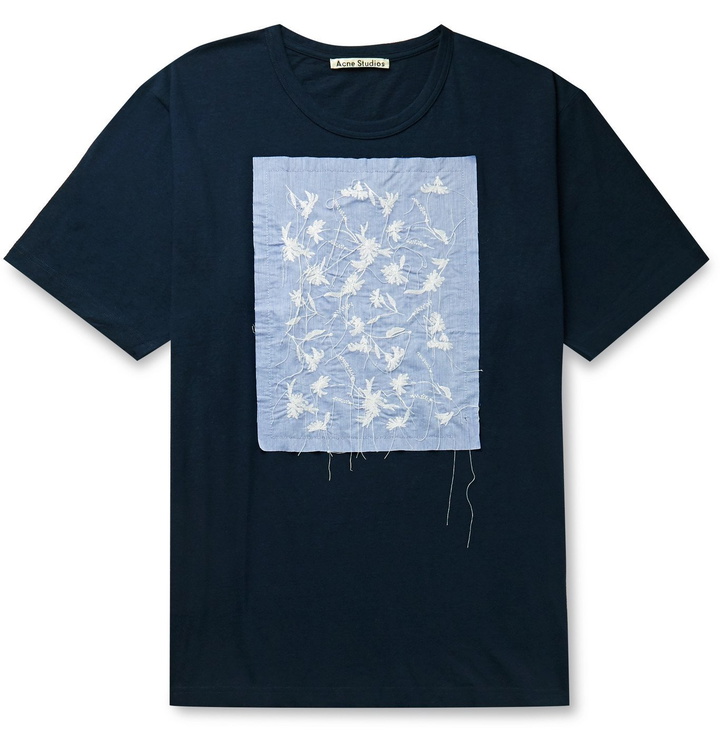 Photo: Acne Studios - Embroidered Appliquéd Cotton-Jersey T-Shirt - Blue