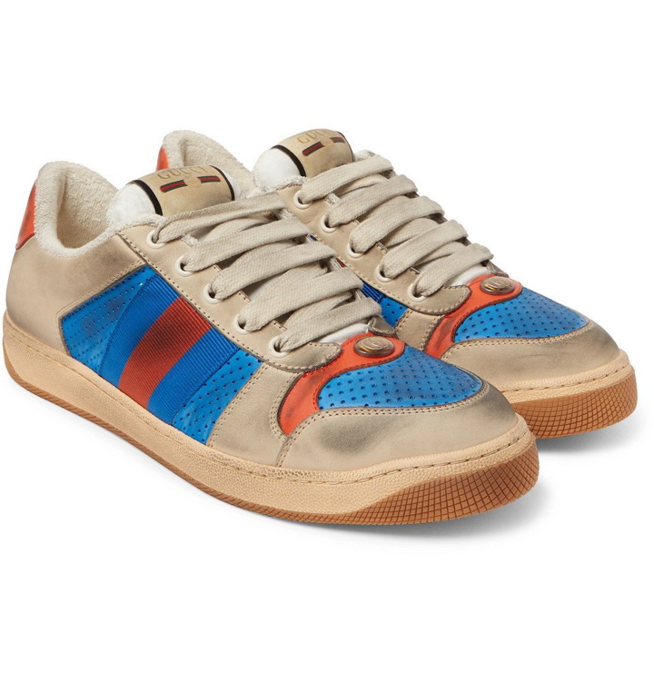 Photo: Gucci - Virtus Distressed Leather and Webbing Sneakers - Blue