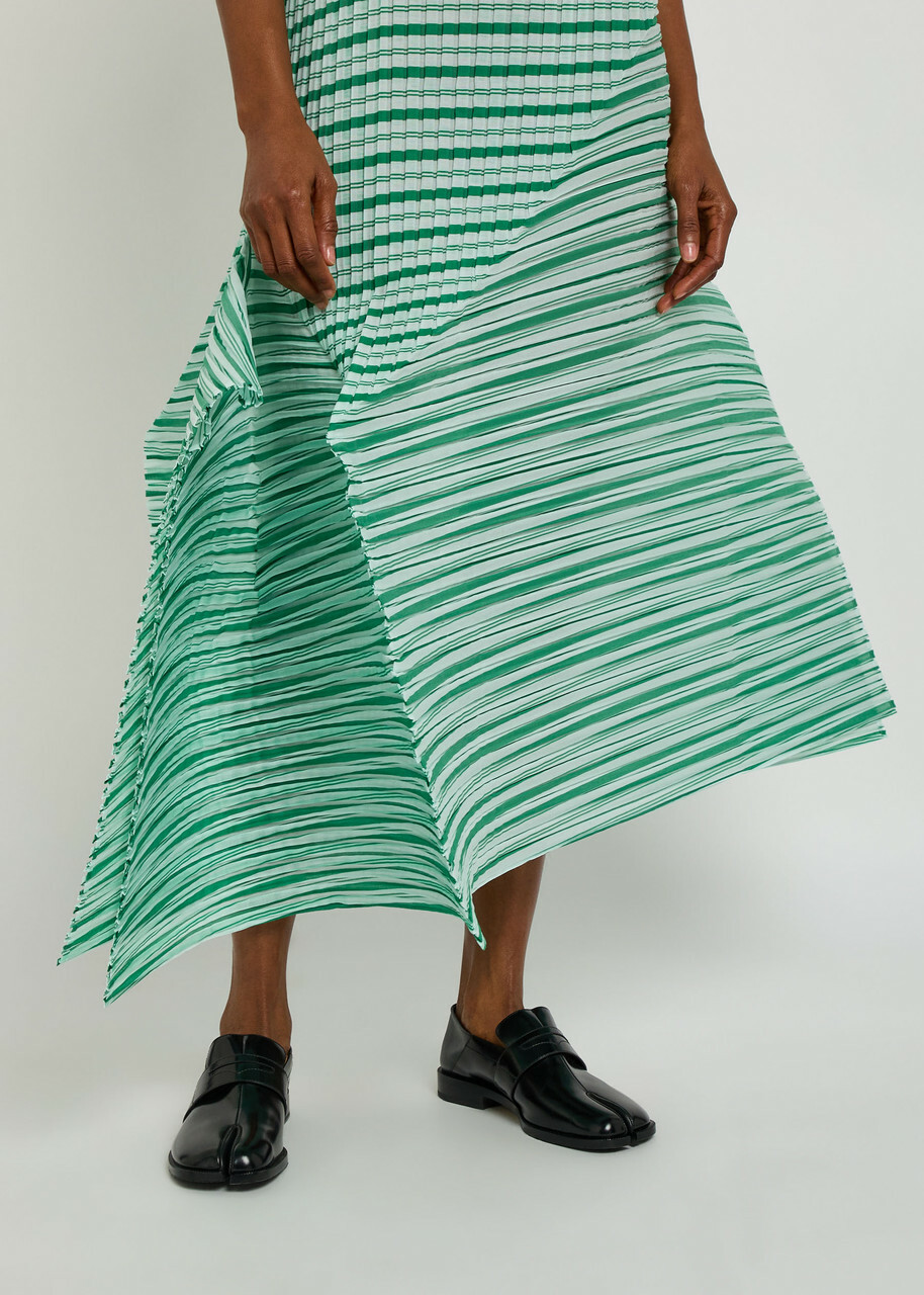 Issey Miyake Striped Pleated Woven Midi Dress Green