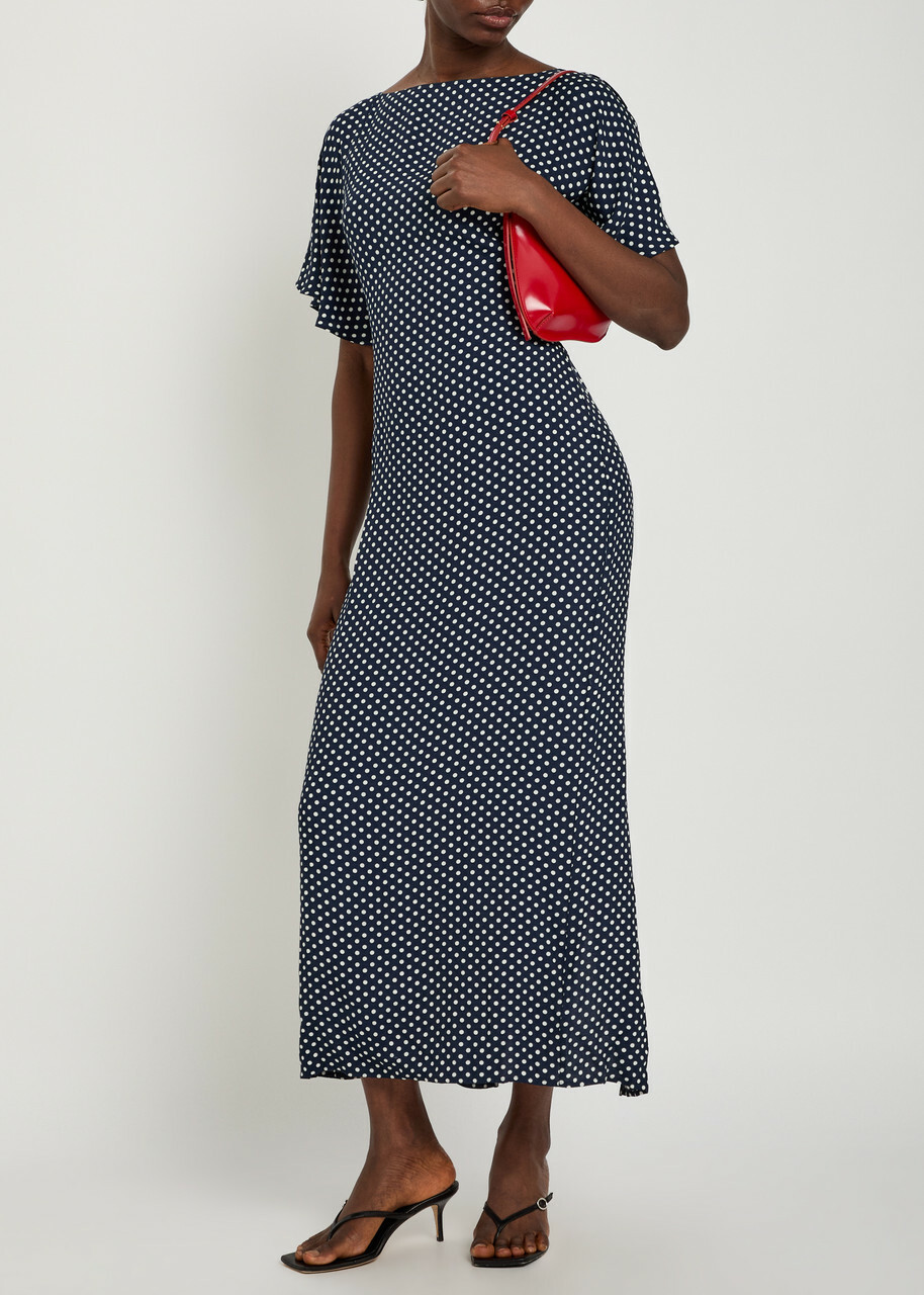 Reformation Maeva Polka-dot Woven Midi Dress Black And White