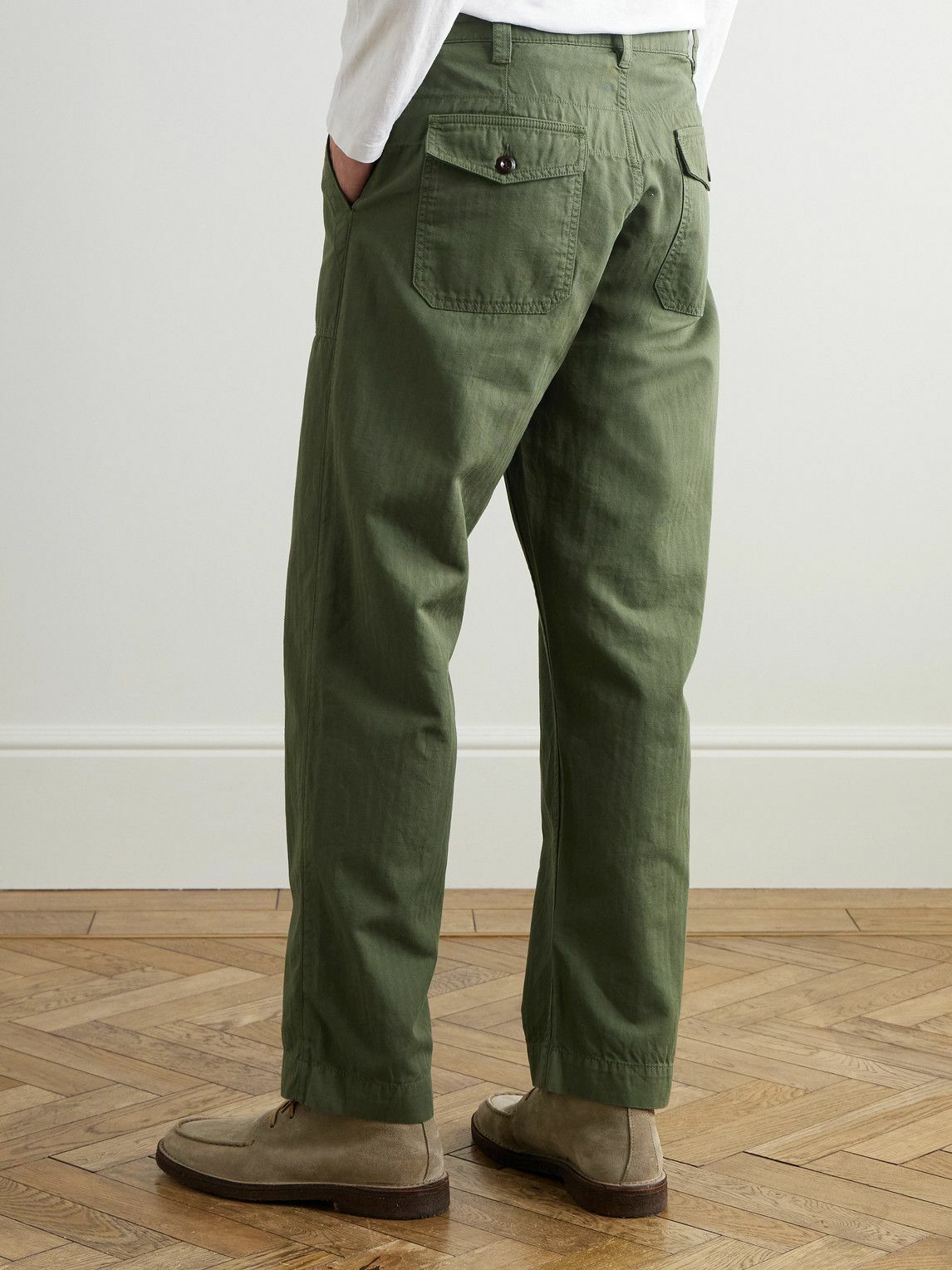 Drake's - Tapered Herringbone Cotton and Linen-Blend Twill Trousers - Green