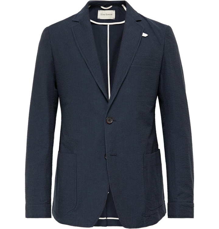 Photo: Oliver Spencer - Slim-Fit Cotton-Seersucker Suit Jacket - Blue