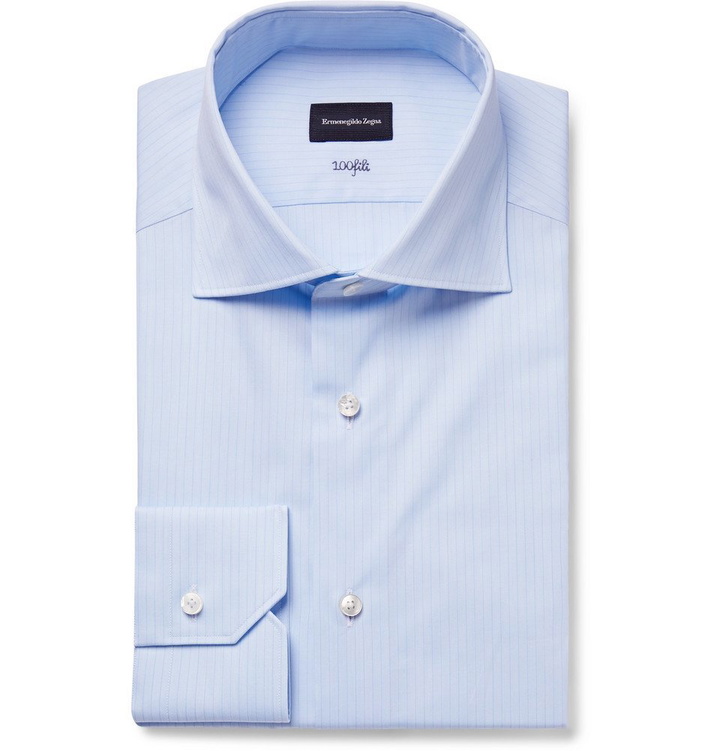 Photo: Ermenegildo Zegna - Light-Blue Slim-Fit 100Fili Cutaway-Collar Pinstriped Cotton-Poplin Shirt - Light blue