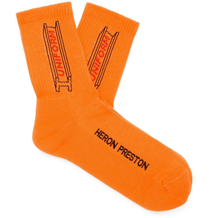 Photo: Heron Preston - Logo-Jacquard Stretch Cotton-Blend Socks - Orange