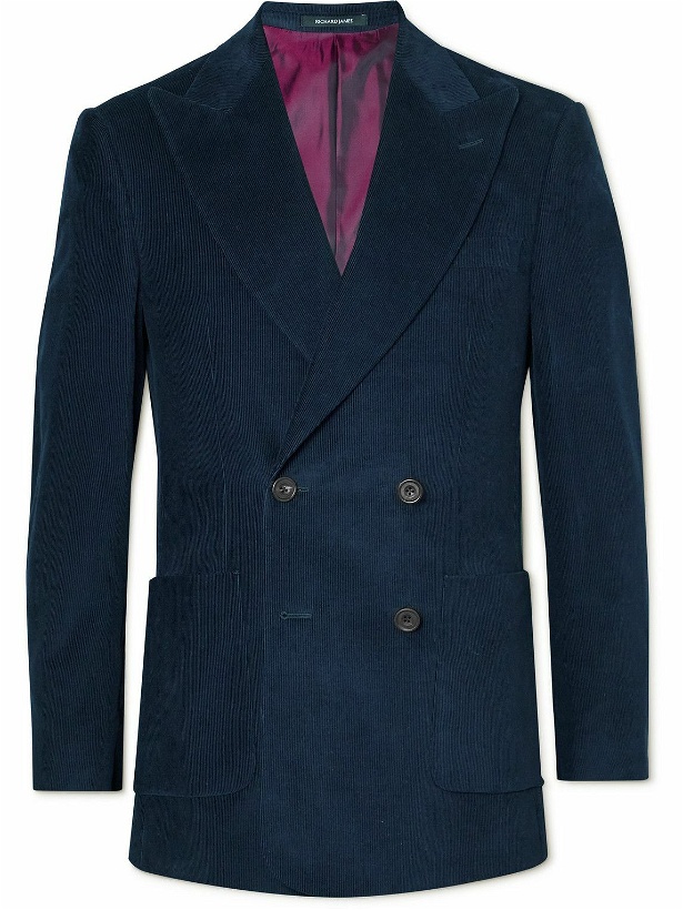 Photo: Richard James - Slim-Fit Double-Breasted Cotton-Needlecord Suit Jacket - Blue