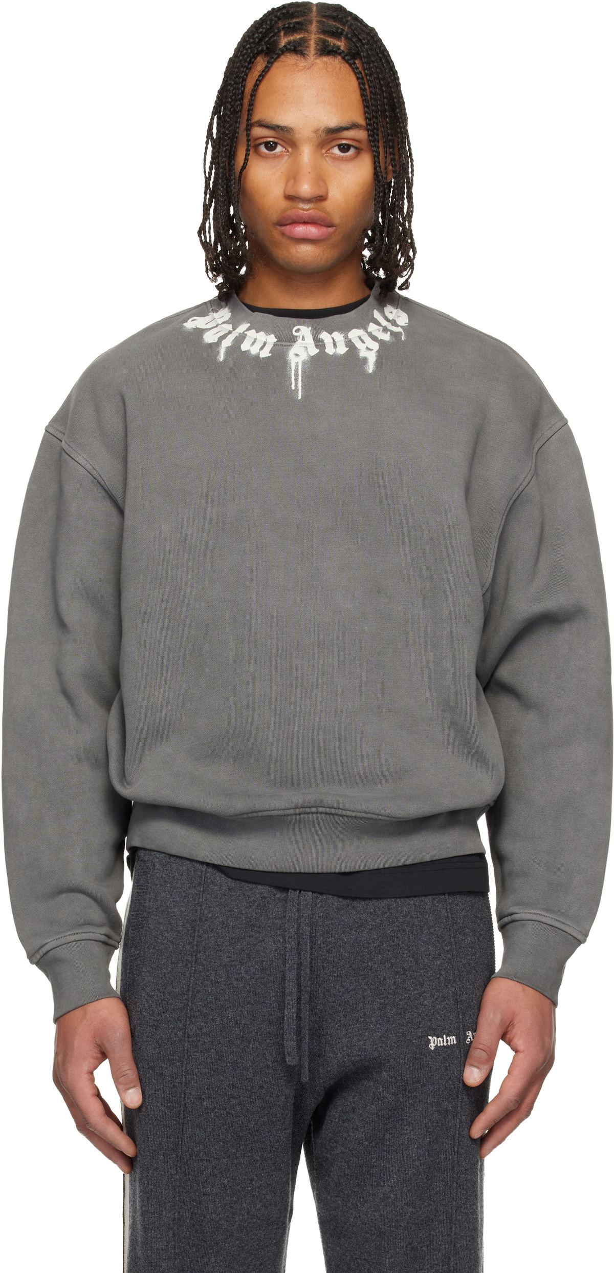 Palm Angels Gray Neck Logo Regular Crewneck Sweatshirt Palm Angels