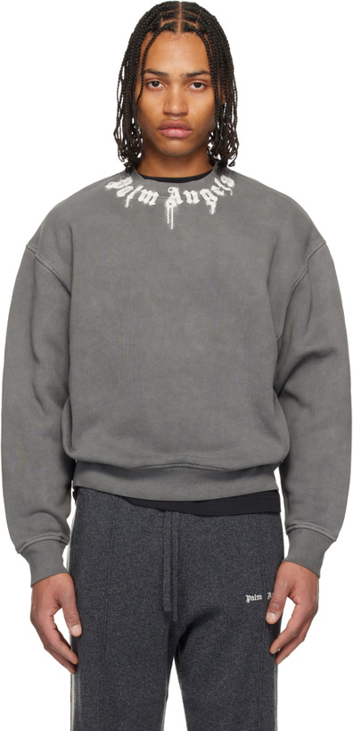 Photo: Palm Angels Gray Neck Logo Regular Crewneck Sweatshirt