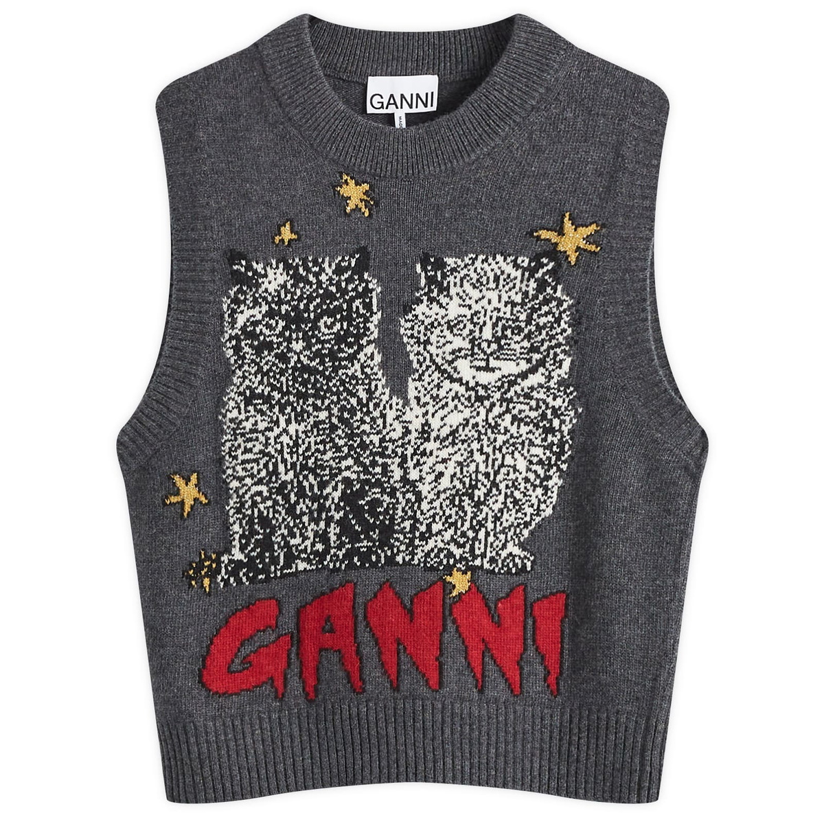 GANNI Women's Graphic Wool Mix Cats Vest in Gray Quill GANNI
