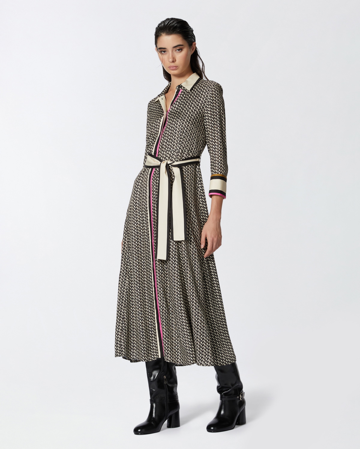 Pinko Long Shirt Dress With Foulard Print Multi. Beige/Black Pinko Pinko Long Shirt Dress With Foulard Print Multi. Beige/Black Pinko