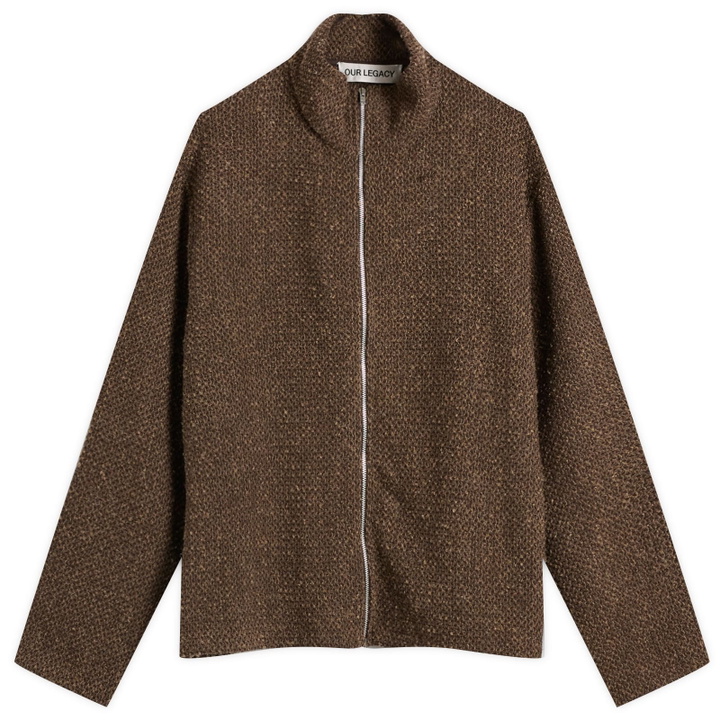 Photo: Our Legacy Men's Shrunken Full Zip Polo in Brown Sparse Buckle Weave