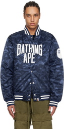 BAPE Navy Solid Camo NYC Logo Varsity Bomber Jacket