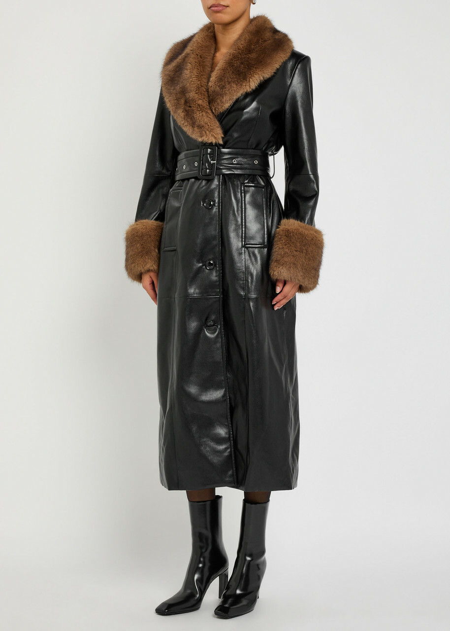 Stand Studio Estella Faux Fur-trimmed Faux Leather Coat Black