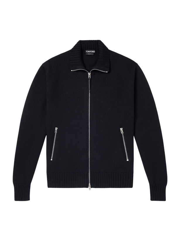 Photo: TOM FORD - Leather-Trimmed Merino Wool Cardigan - Black