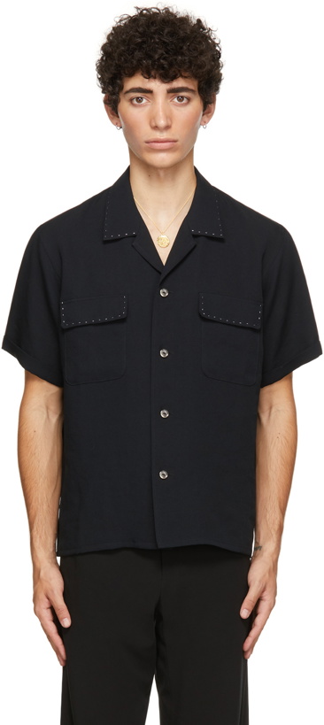 Photo: Second/Layer Black Pinpoint Open Collar Short Sleeve Shirt