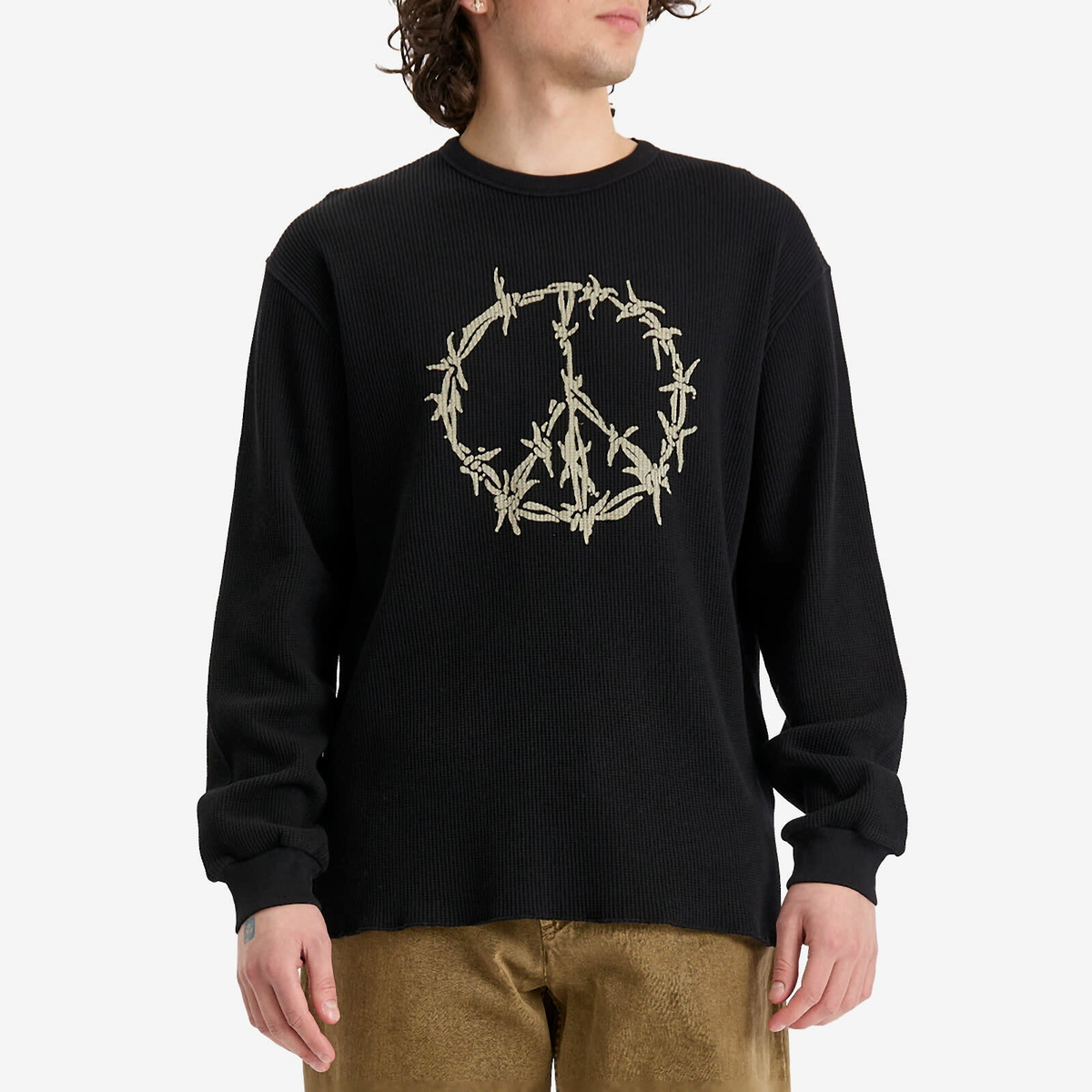 Aries Men's Peace Press Gothic Waffle Long Sleeve T-Shirt in Black