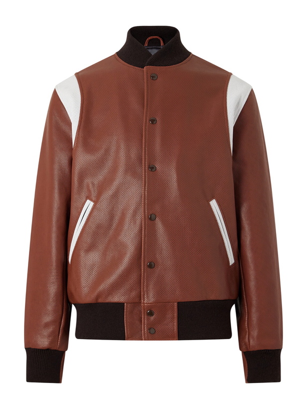 Photo: Golden Bear - Perforated Fabric Trimmed Leather Jacket - Brown