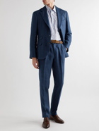 Brunello Cucinelli - Slim-Fit Tapered Pleated Linen, Wool and Silk-Blend Suit Trousers - Blue