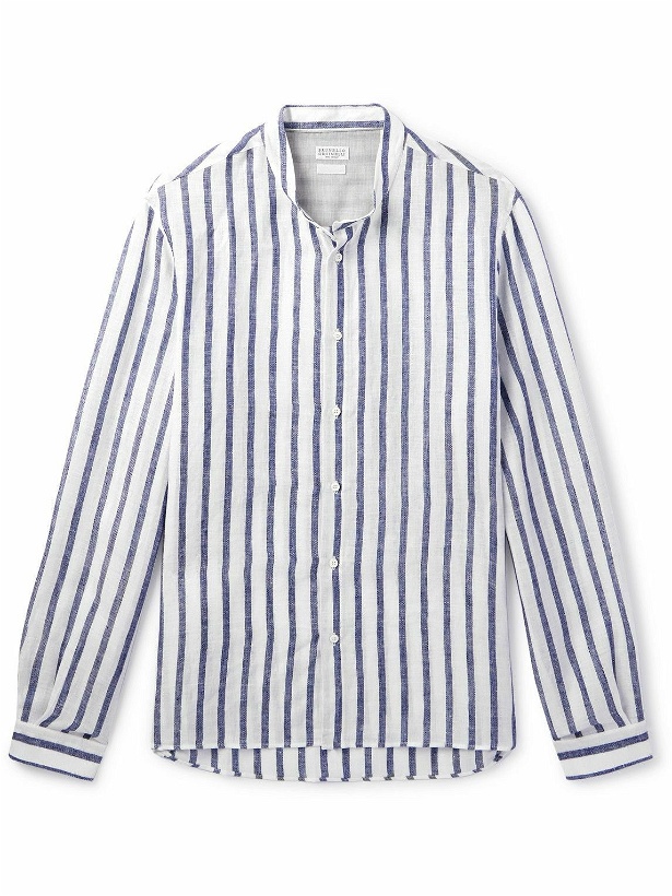 Photo: Brunello Cucinelli - Grandad-Collar Striped Linen Shirt - White
